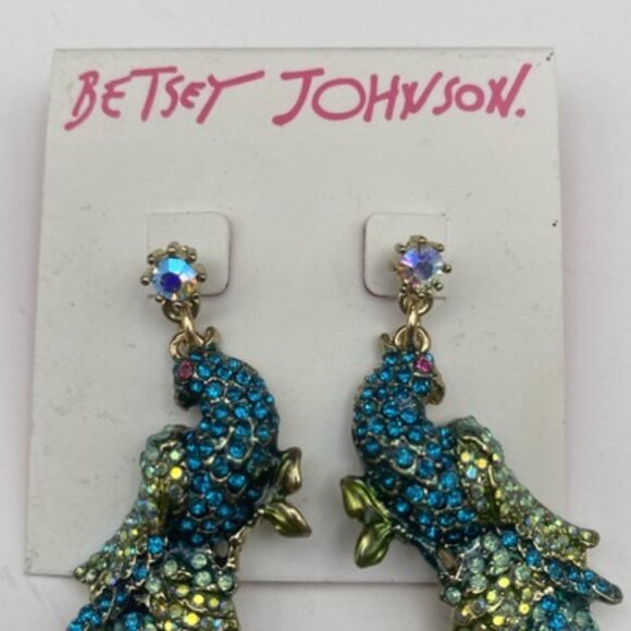 Betsey Johnson Earrings Keeping Up With The Critters Peacock Bird Teal Crystal - Picture 3 of 8